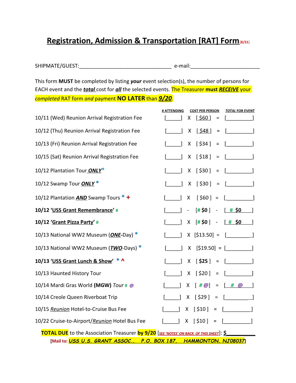 Registration, Admission & Transportation RAT Form 8/31