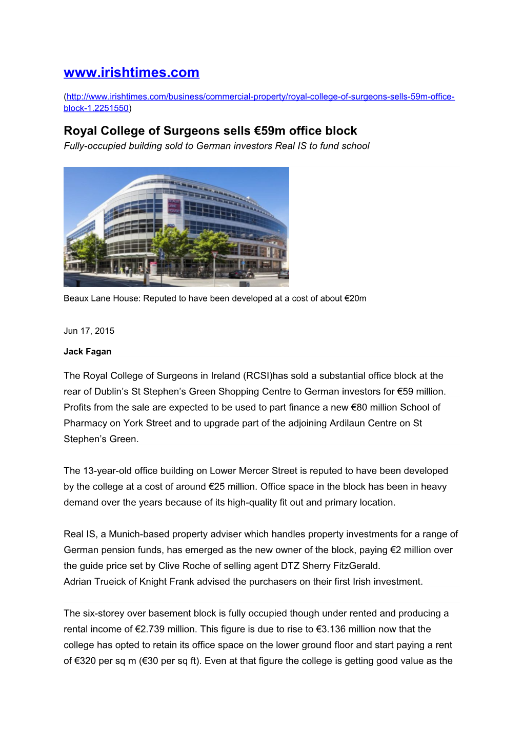 Royal College of Surgeons Sells 59M Office Block