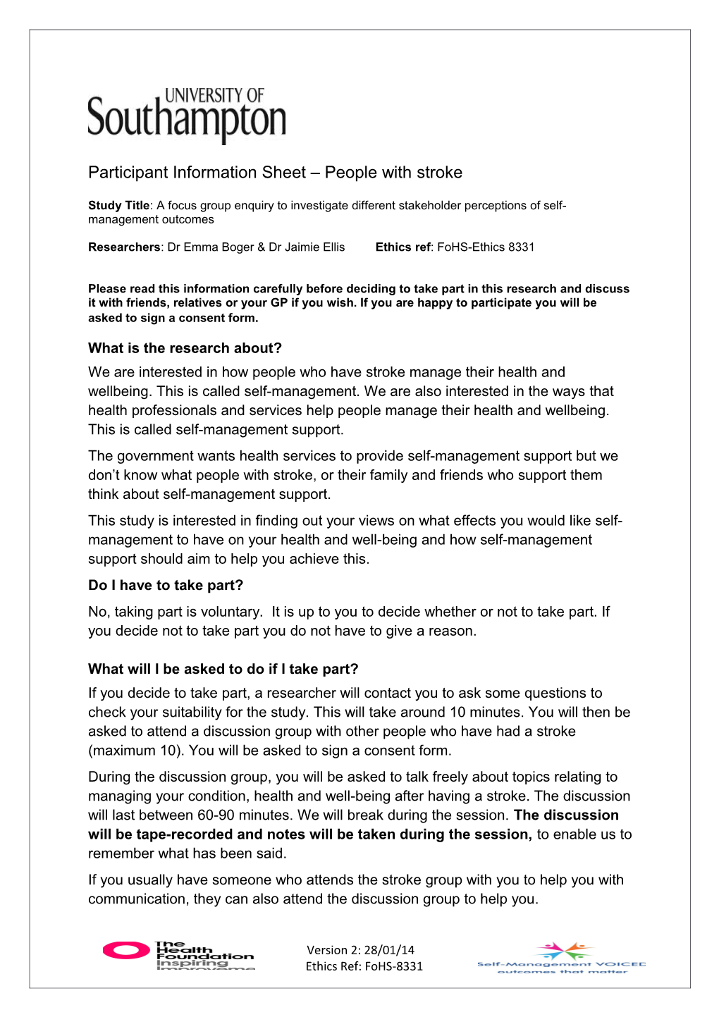 Participant Information Sheet People with Stroke