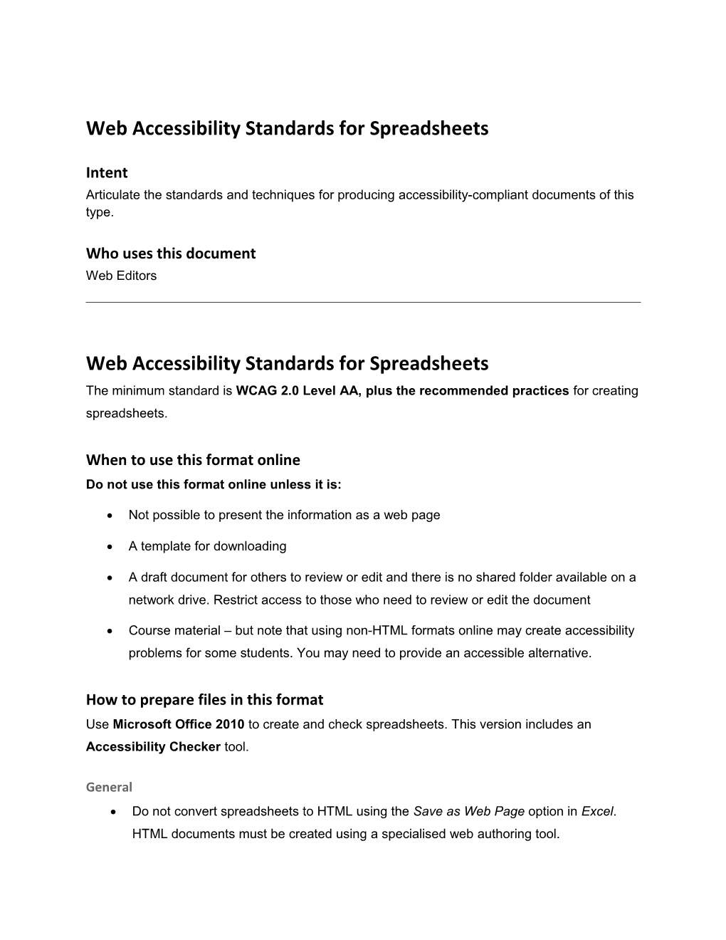 Web Accessibility Standards for Spreadsheet Documents