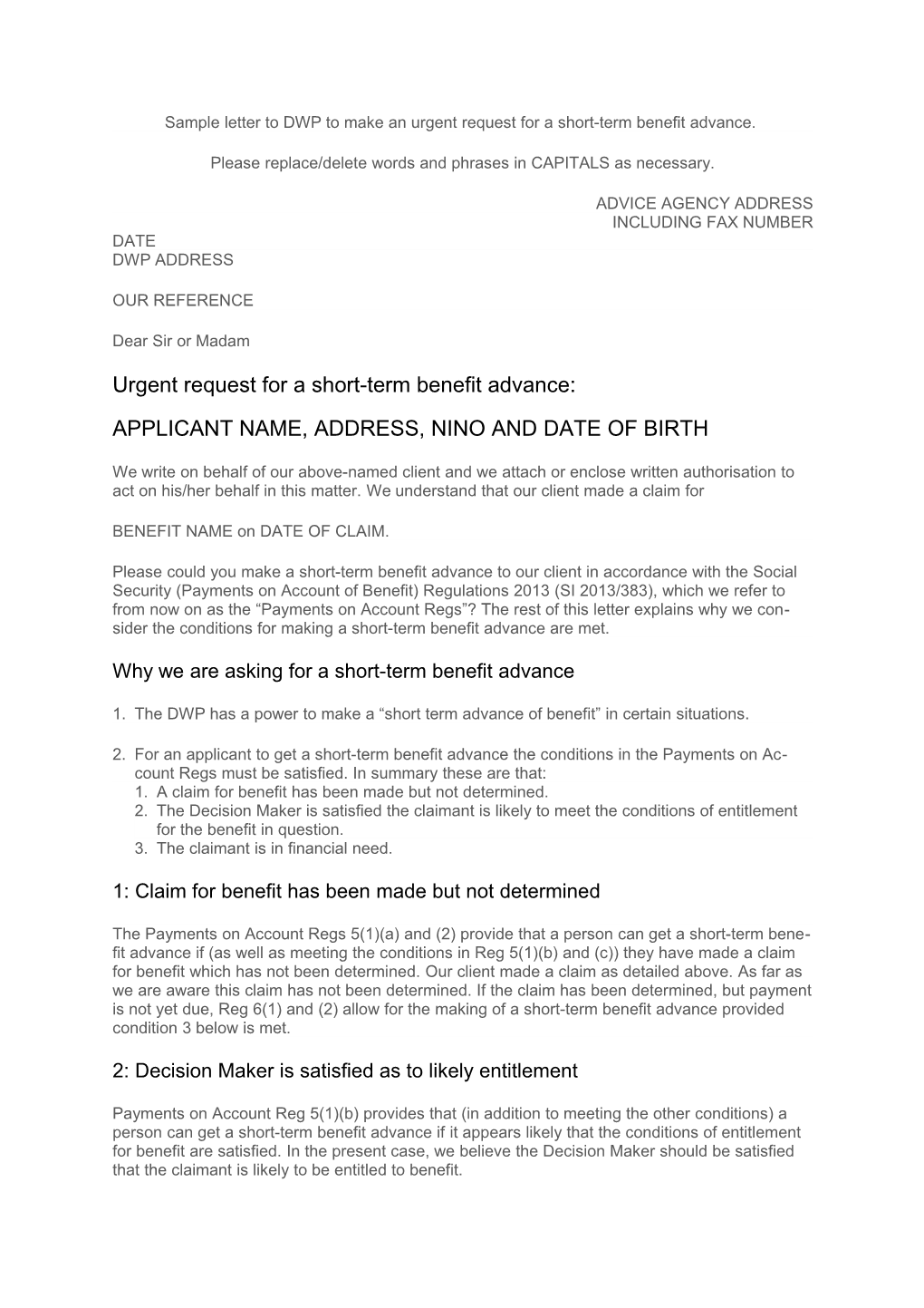 Sample Letter to DWP to Make an Urgent Request for a Short-Term Benefit Advance
