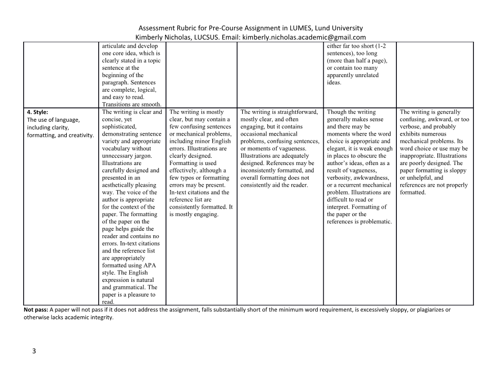 Assessment Rubric for Pre-Course Assignment in LUMES, Lund University