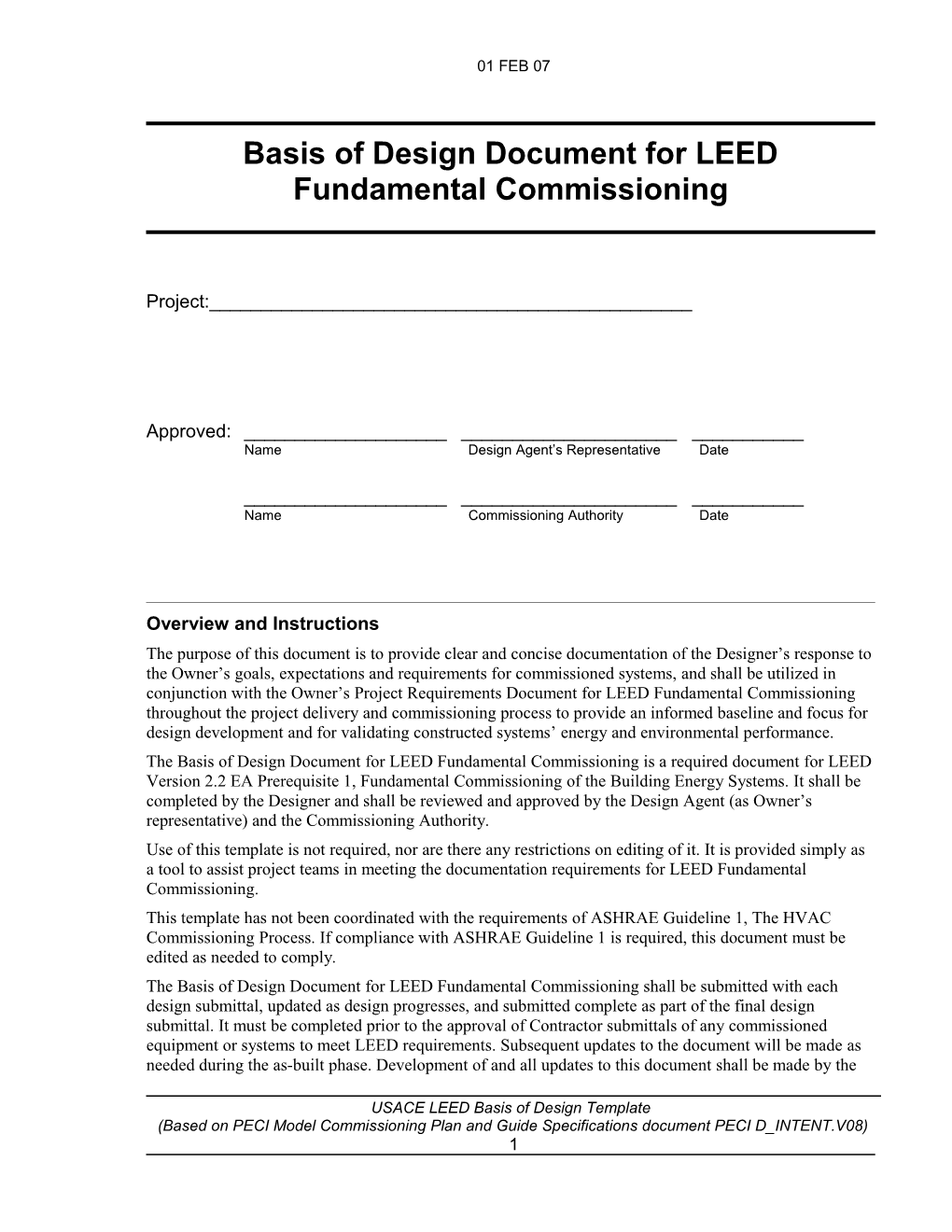 Basis of Design Document for LEED Fundamental Commissioning