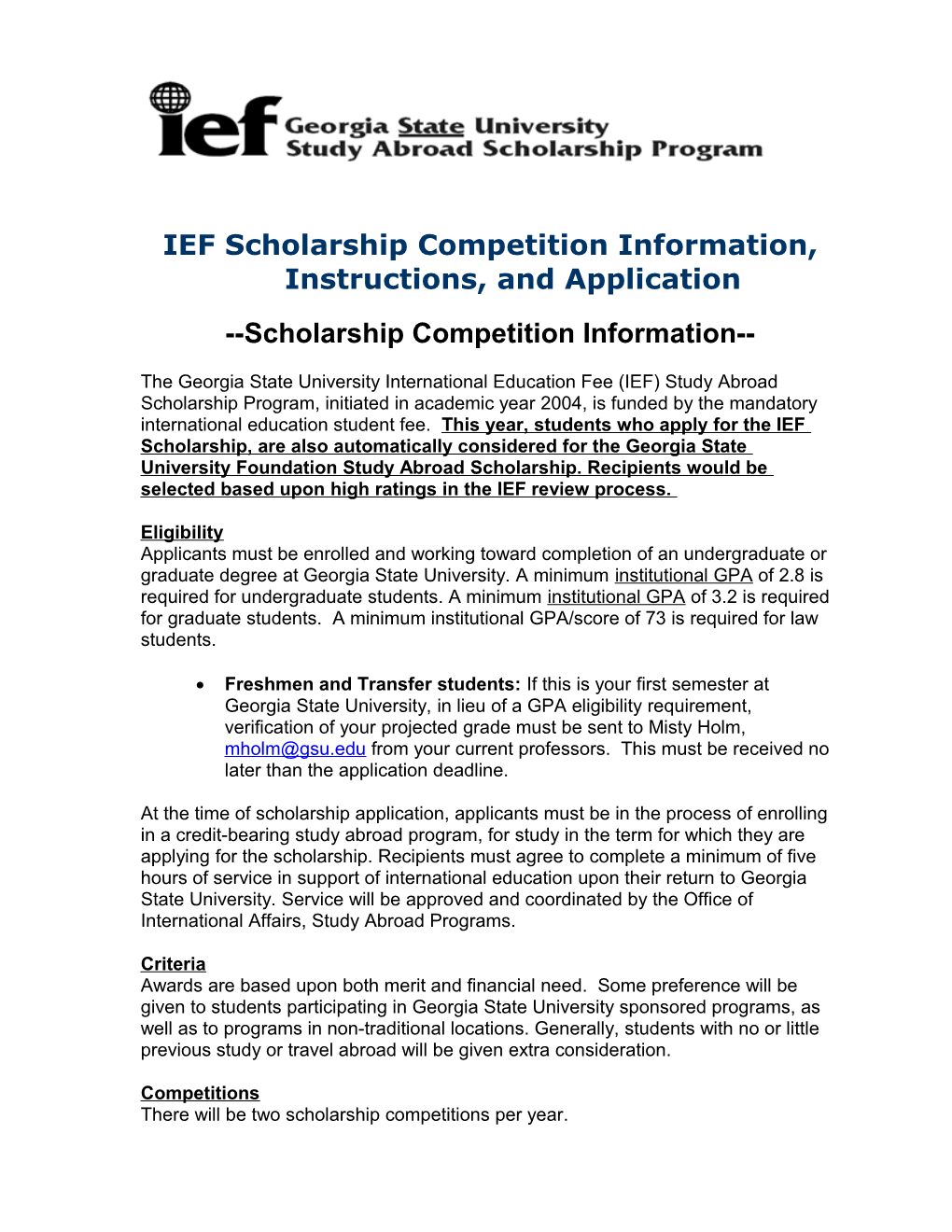 IEF Scholarship Competition Information, Instructions, and Application