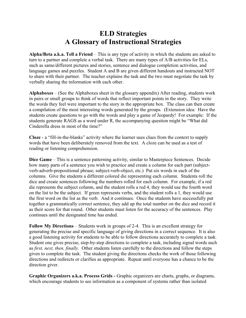 A Glossary of Instructional Strategies