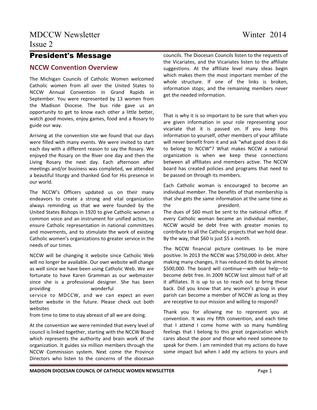 MDCCW Newsletter Winter 2014 Issue 2