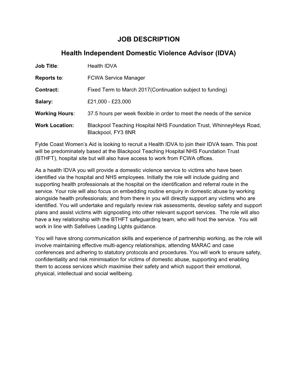 Health Independent Domestic Violence Advisor (IDVA)