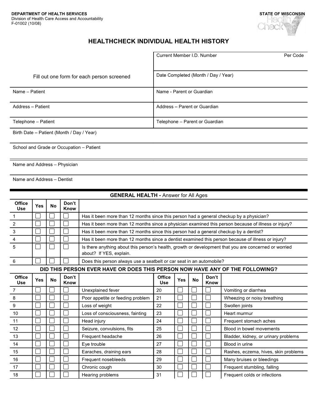 Healthcheck Individual Health History, F-01002