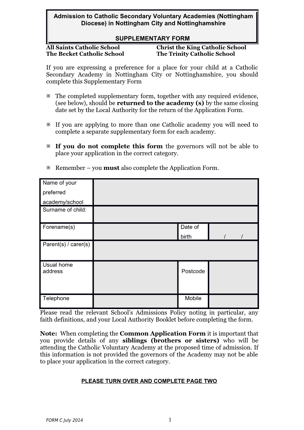 Admission to Catholic Secondary Voluntary Academies (Nottingham Diocese) in Nottingham