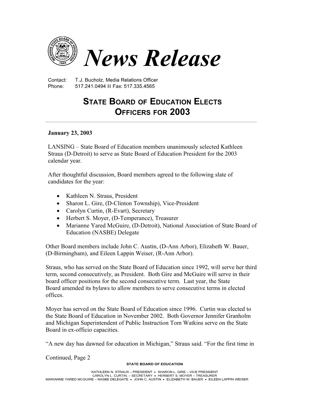 State Board of Education Elects Officers for 2003