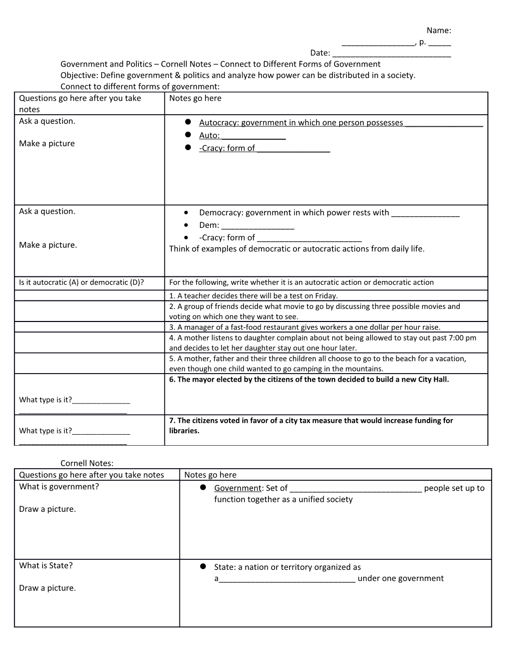 Government and Politics Cornell Notes Connect to Different Forms of Government