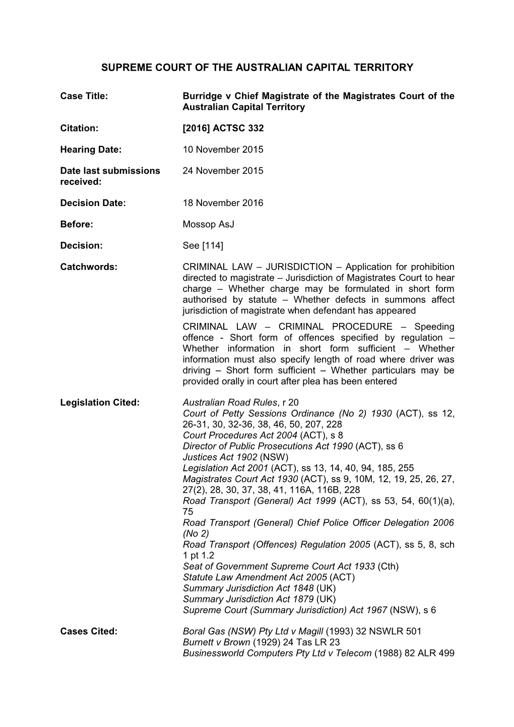 2016-11-18 Burridge V Chief Magistrate of the Magistrates Court of the Australian Capital