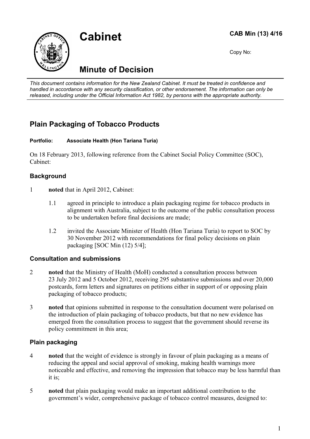 Plain Packaging of Tobacco Products