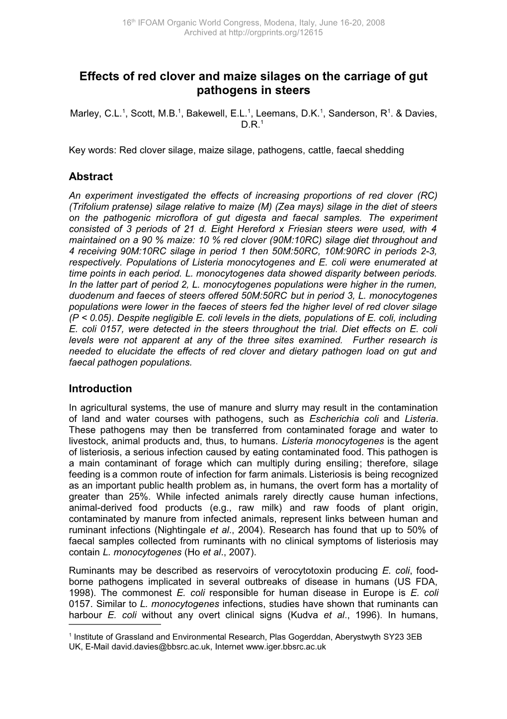 Effects of Red Clover and Maize Silages on the Carriage of Gut Pathogens in Steers