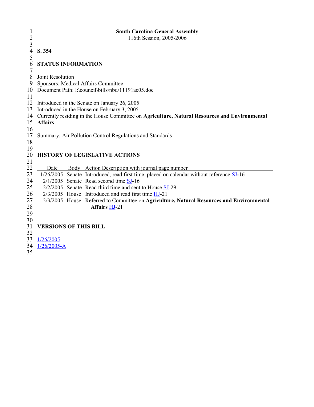 2005-2006 Bill 354: Air Pollution Control Regulations and Standards - South Carolina Legislature