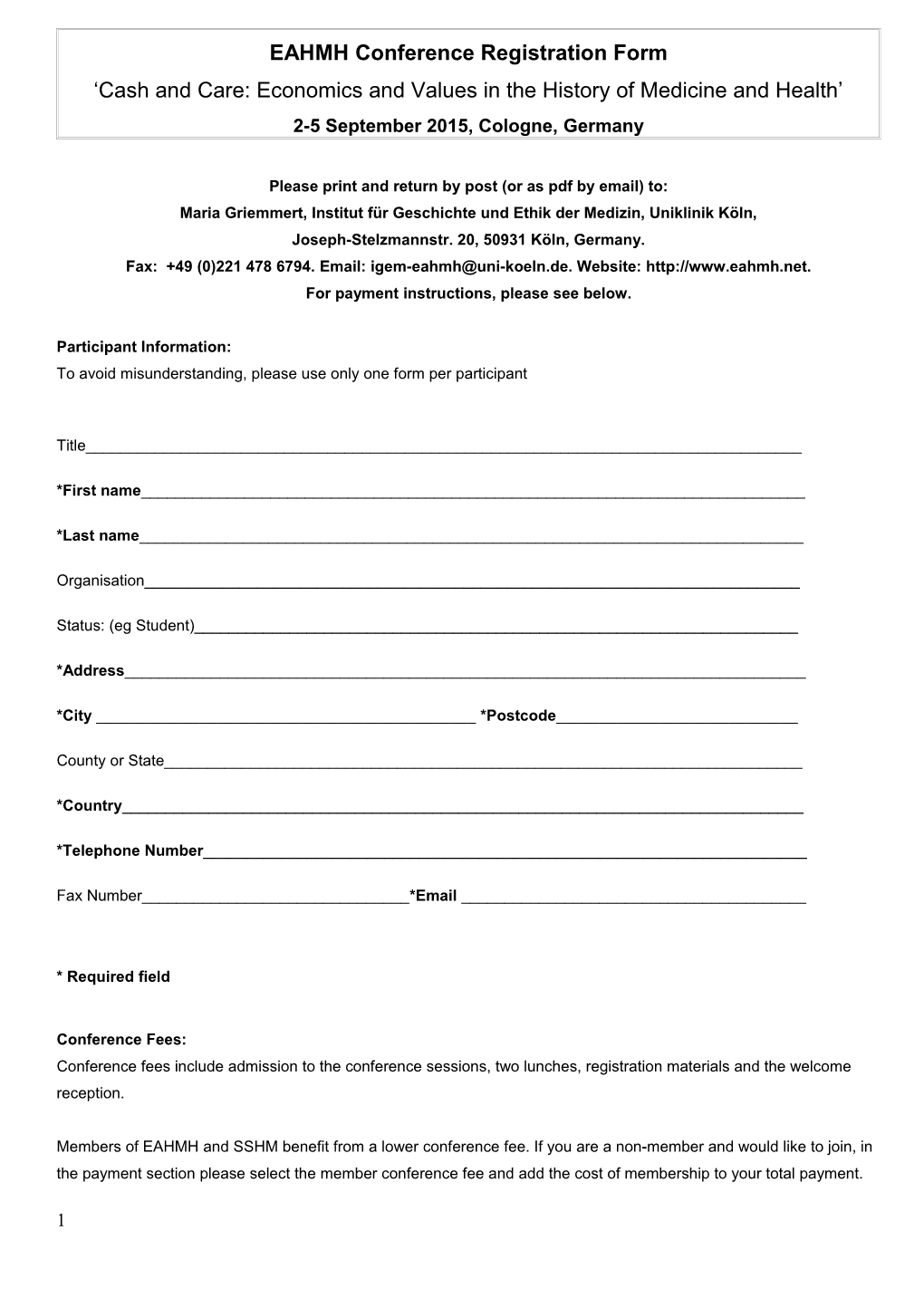EAHMH Conference Registration Form