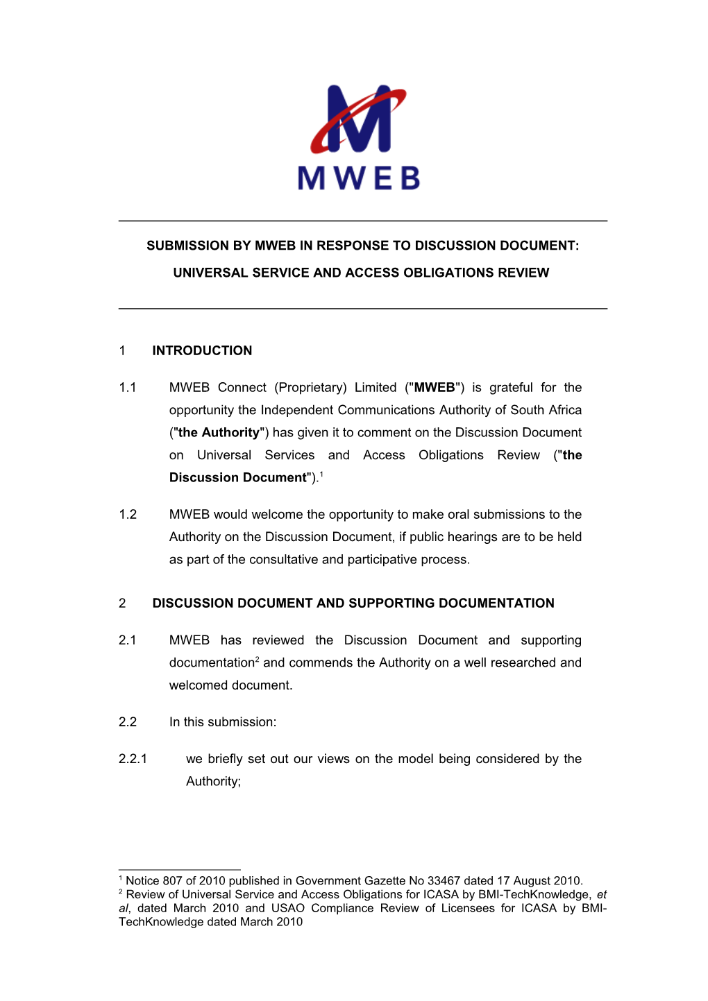 Submission by Mweb in Response to Discussion Document: Universal Service and Access Obligations