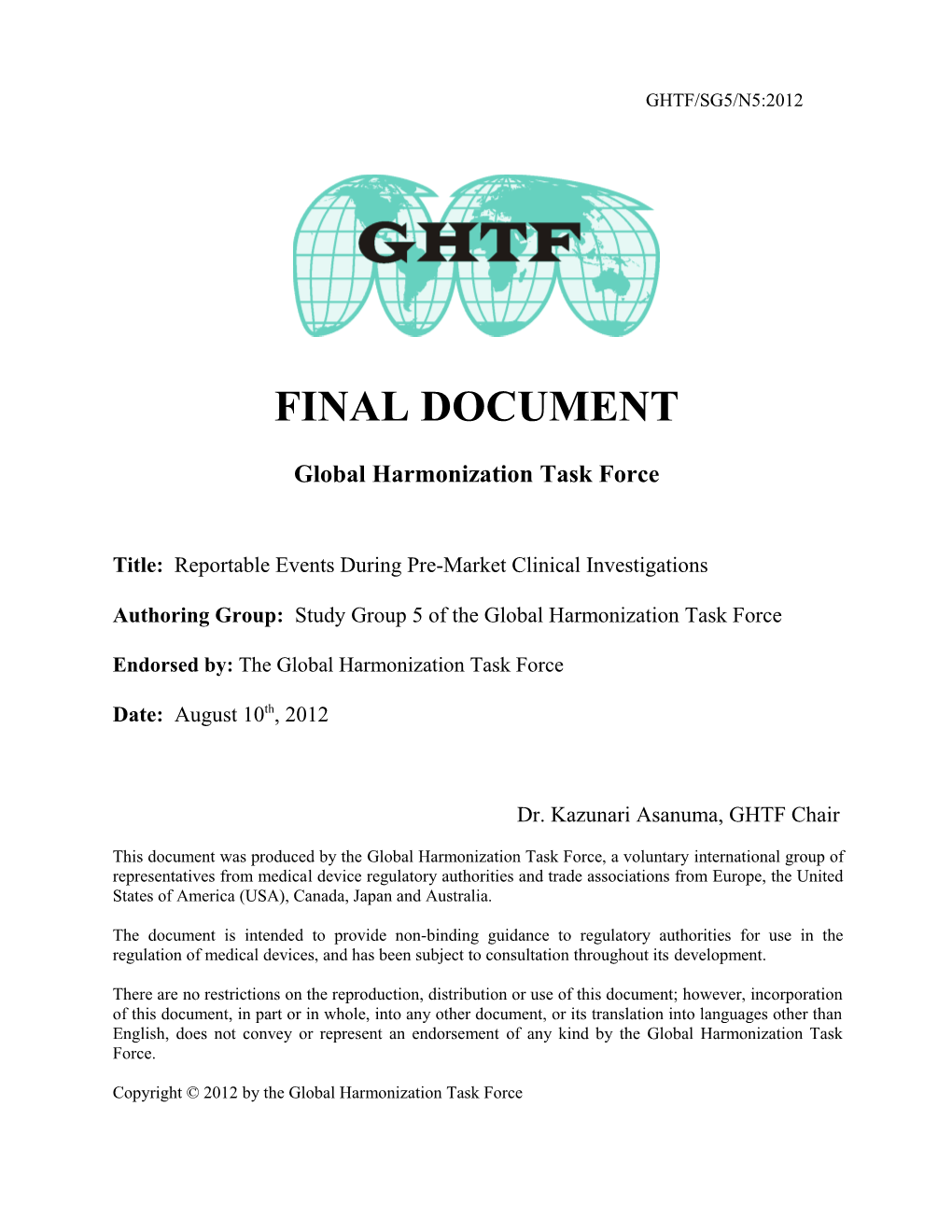 GHTDF SG5 Reportable Events During Pre-Market Clinical Investigations