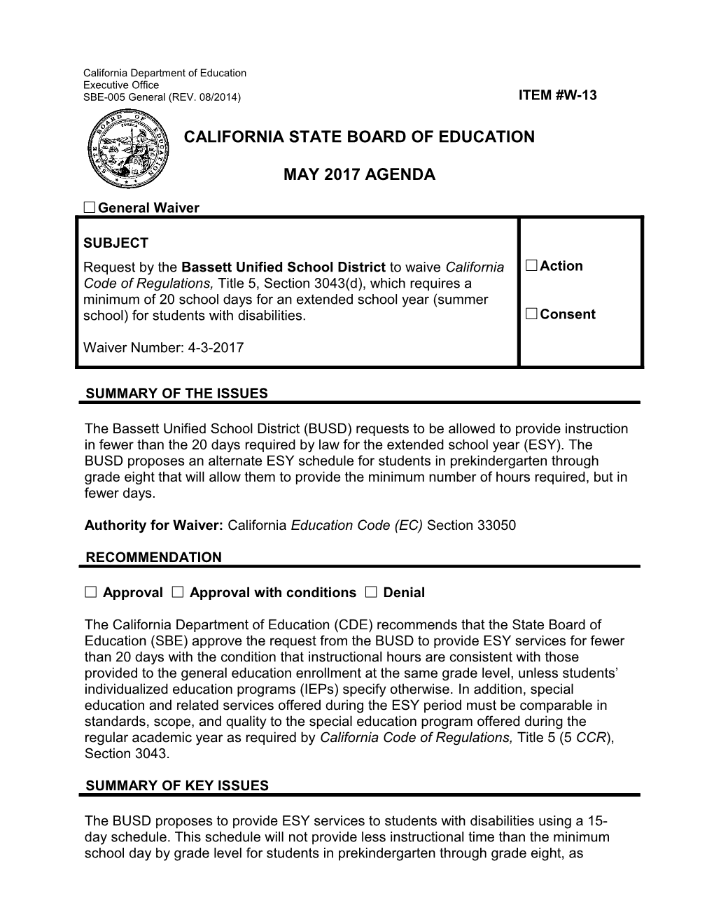 May 2017 Agenda Item W-13 - Meeting Agendas (CA State Board of Education)