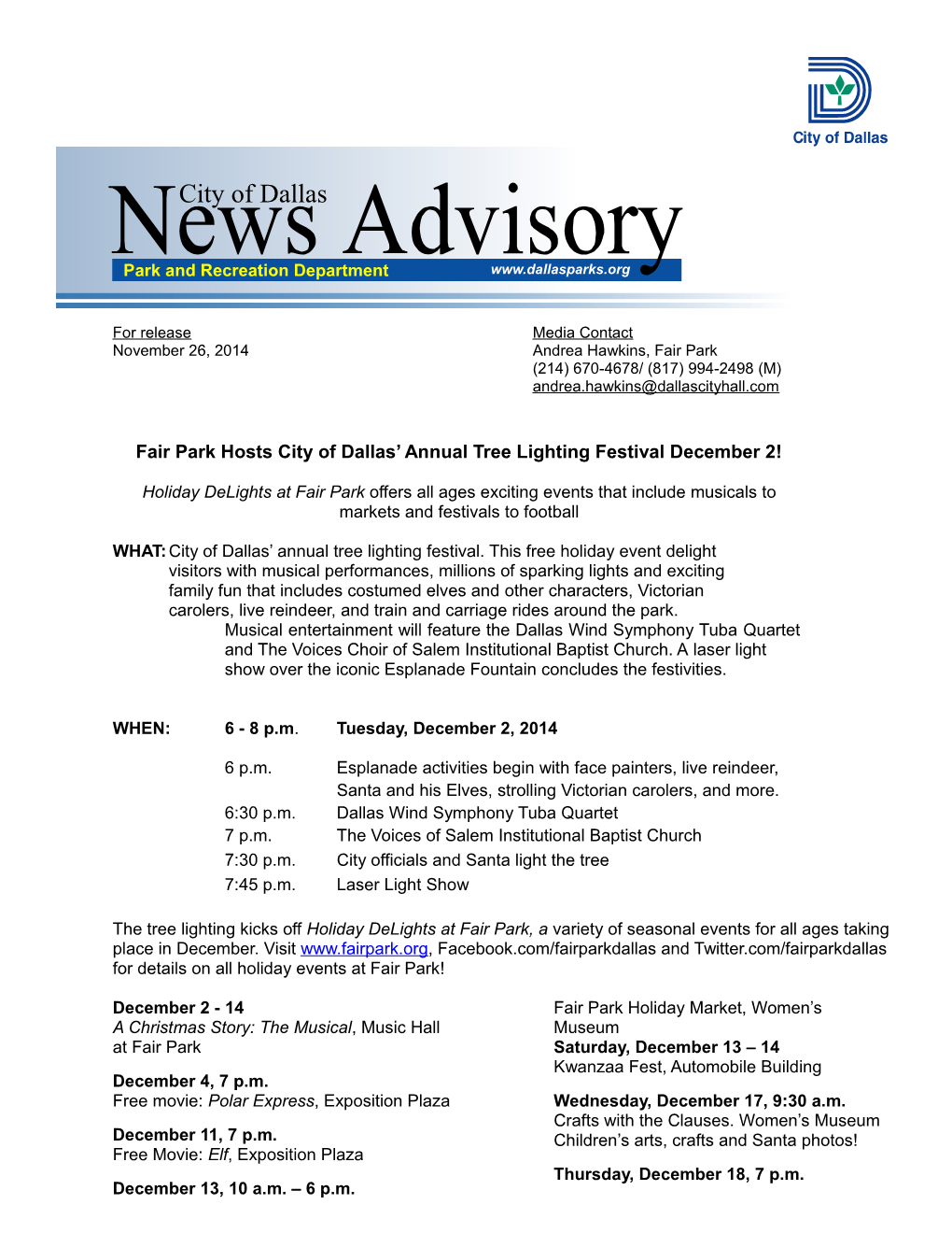 Fair Park Hosts City of Dallas Annual Tree Lighting Festival December 2!