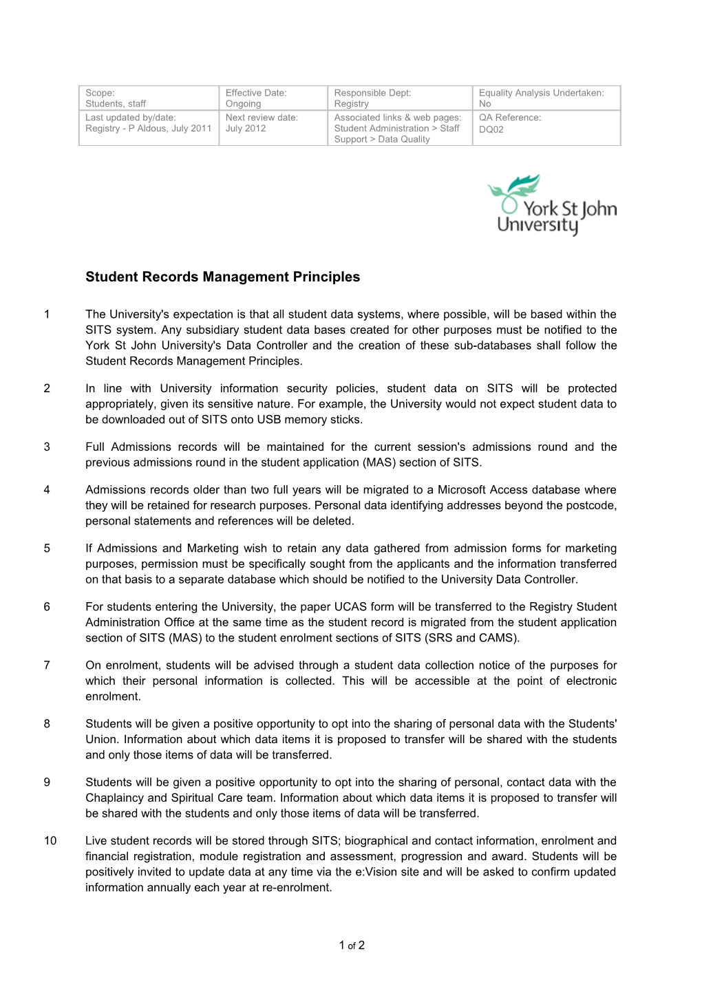 Student Records Management Principles