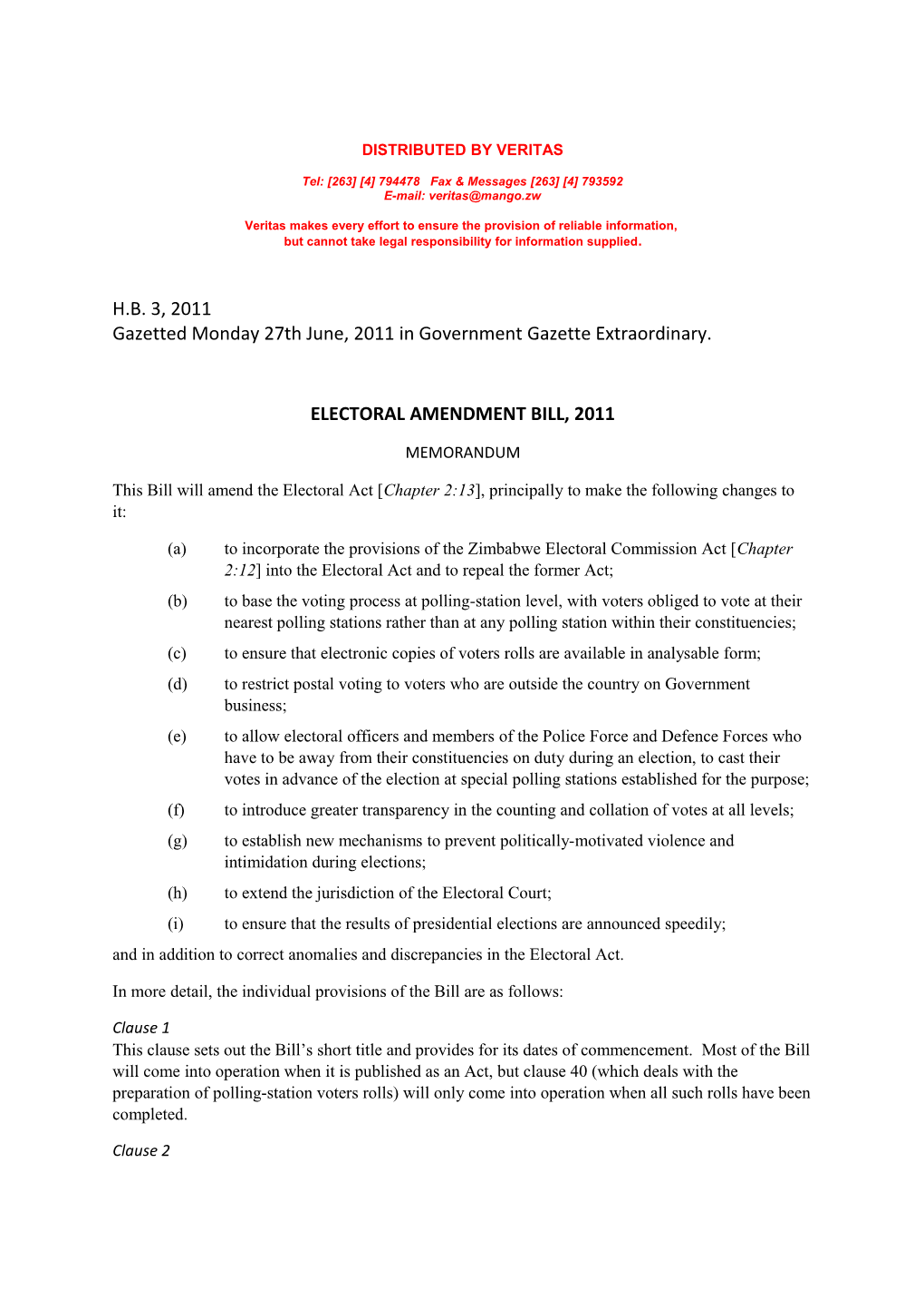 Electoral Amendmentr Bill HB 3,2011
