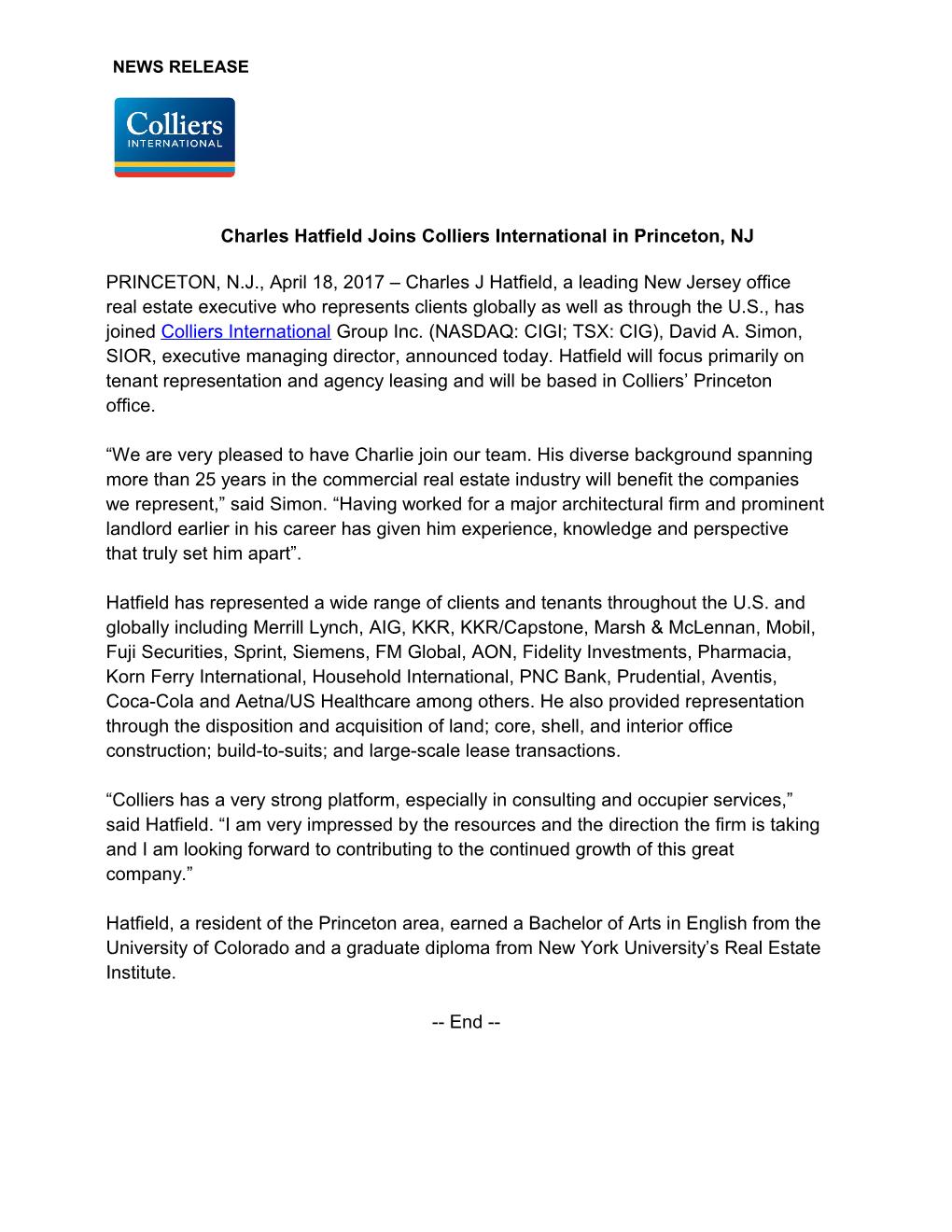 Charles Hatfield Joins Colliers International in Princeton, NJ