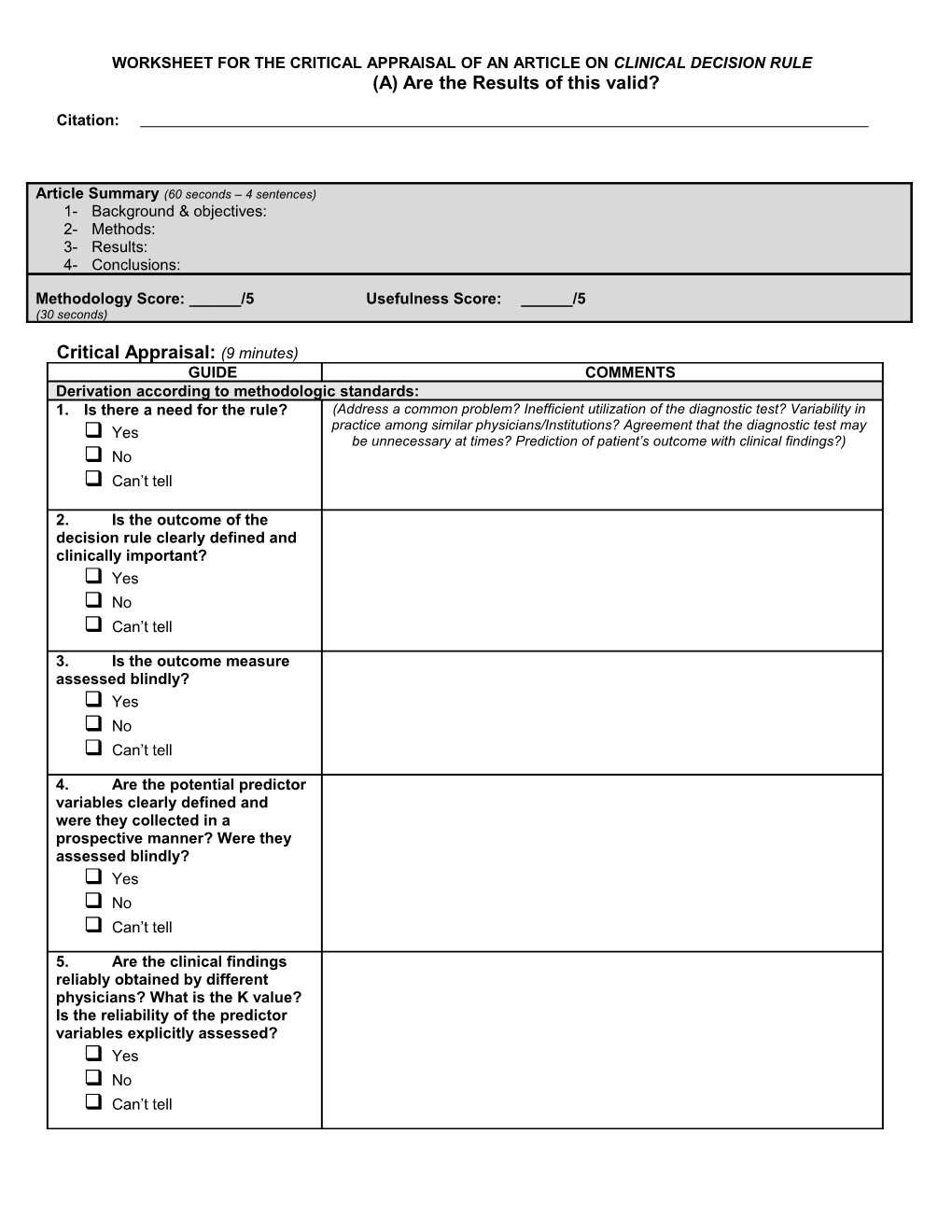 Worksheet for the Critical Appraisal of an Article About a Diagnostic Test