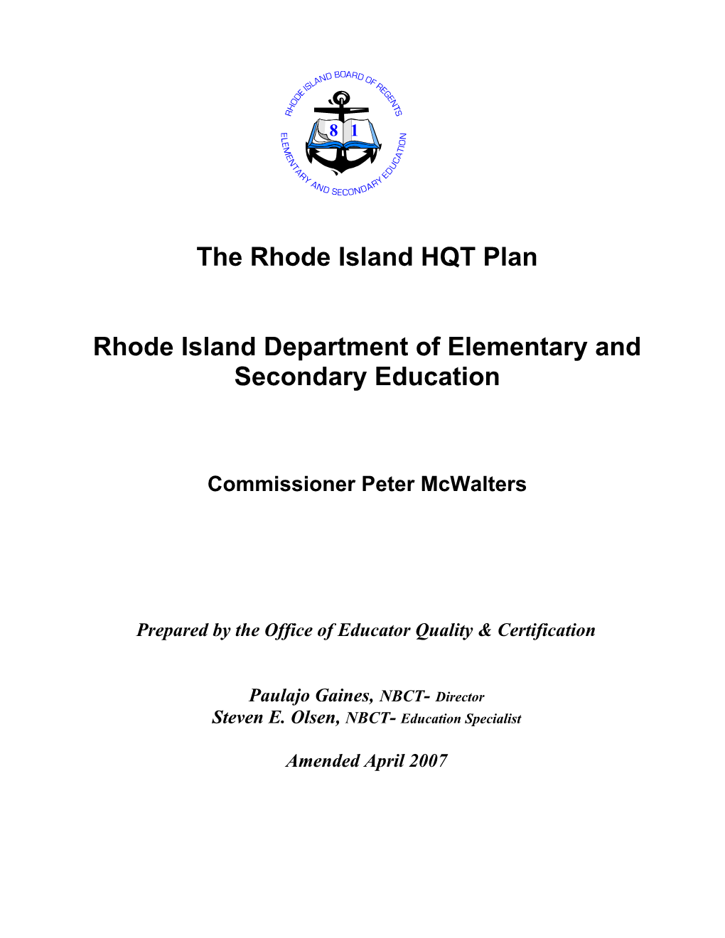 The Rhode Island HQT Plan (MS Word)