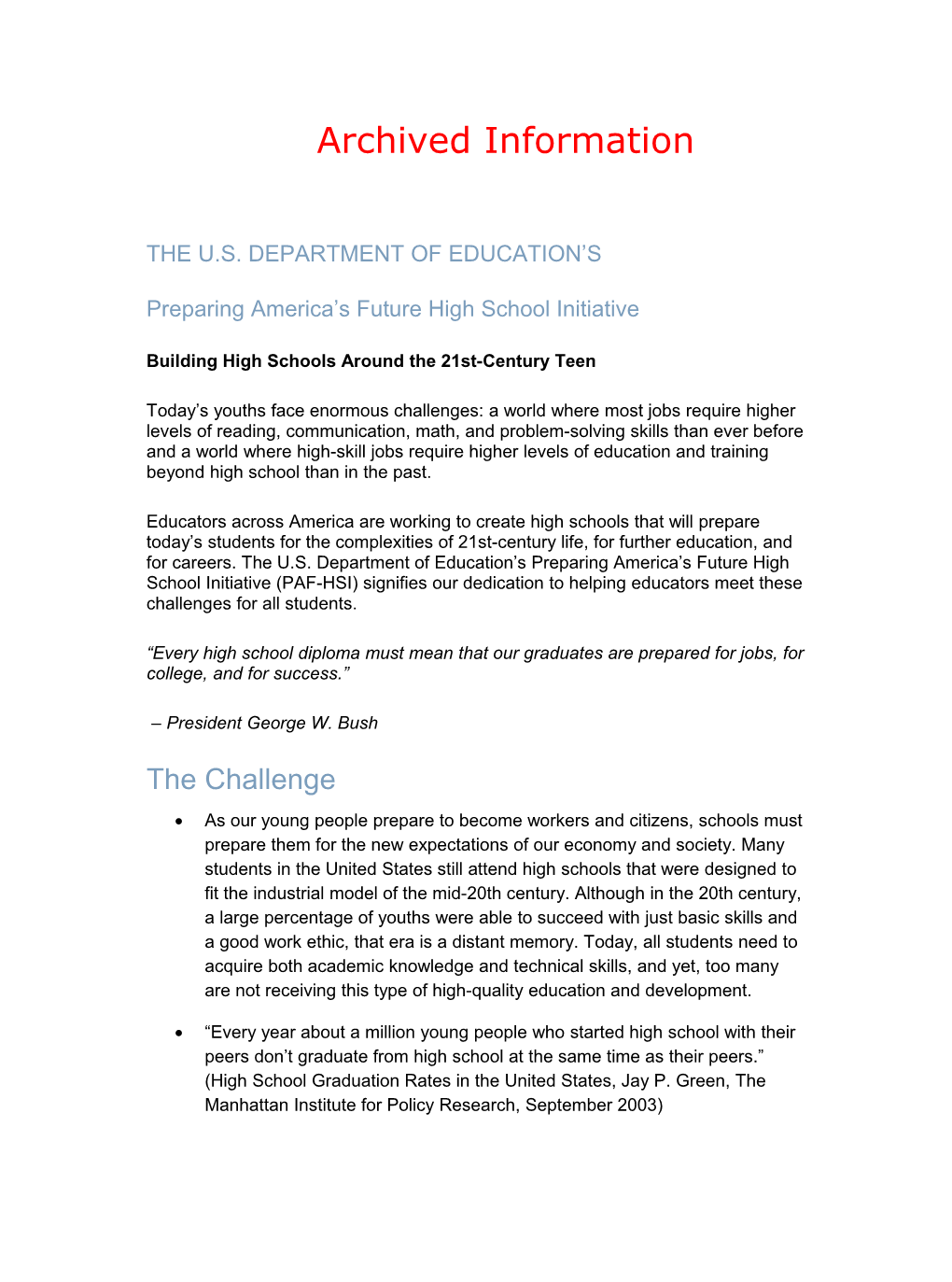Archived: Preparing America's Future High School Initiative (MS Word)