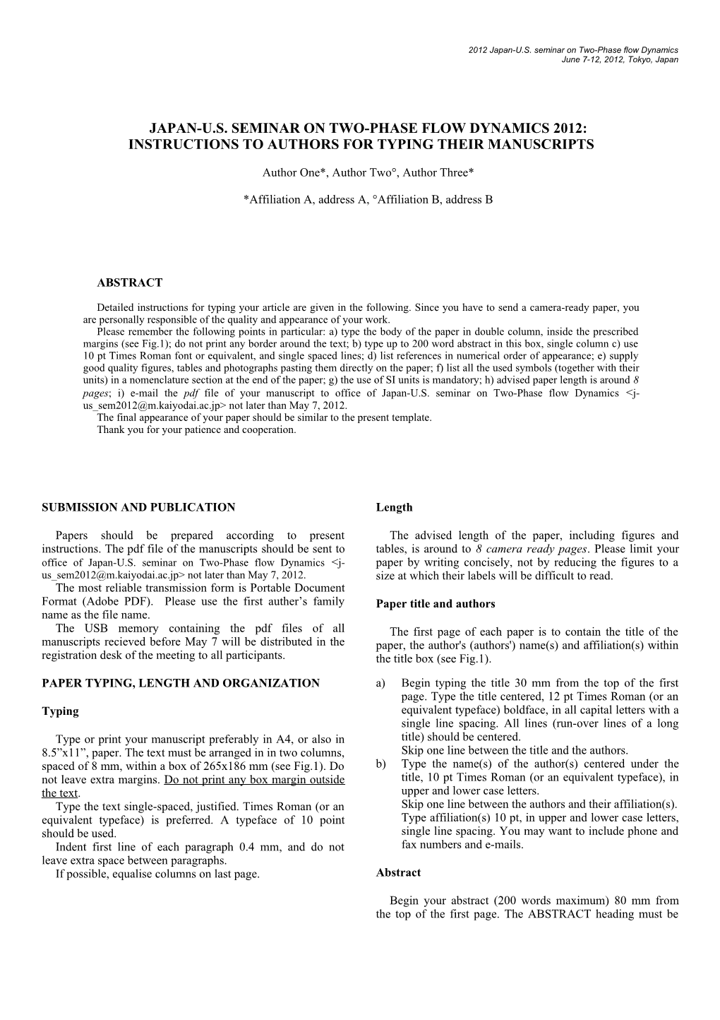 Japan-U.S. Seminar on Two-Phase Flow Dynamics2012: Instructions to Authors for Typing