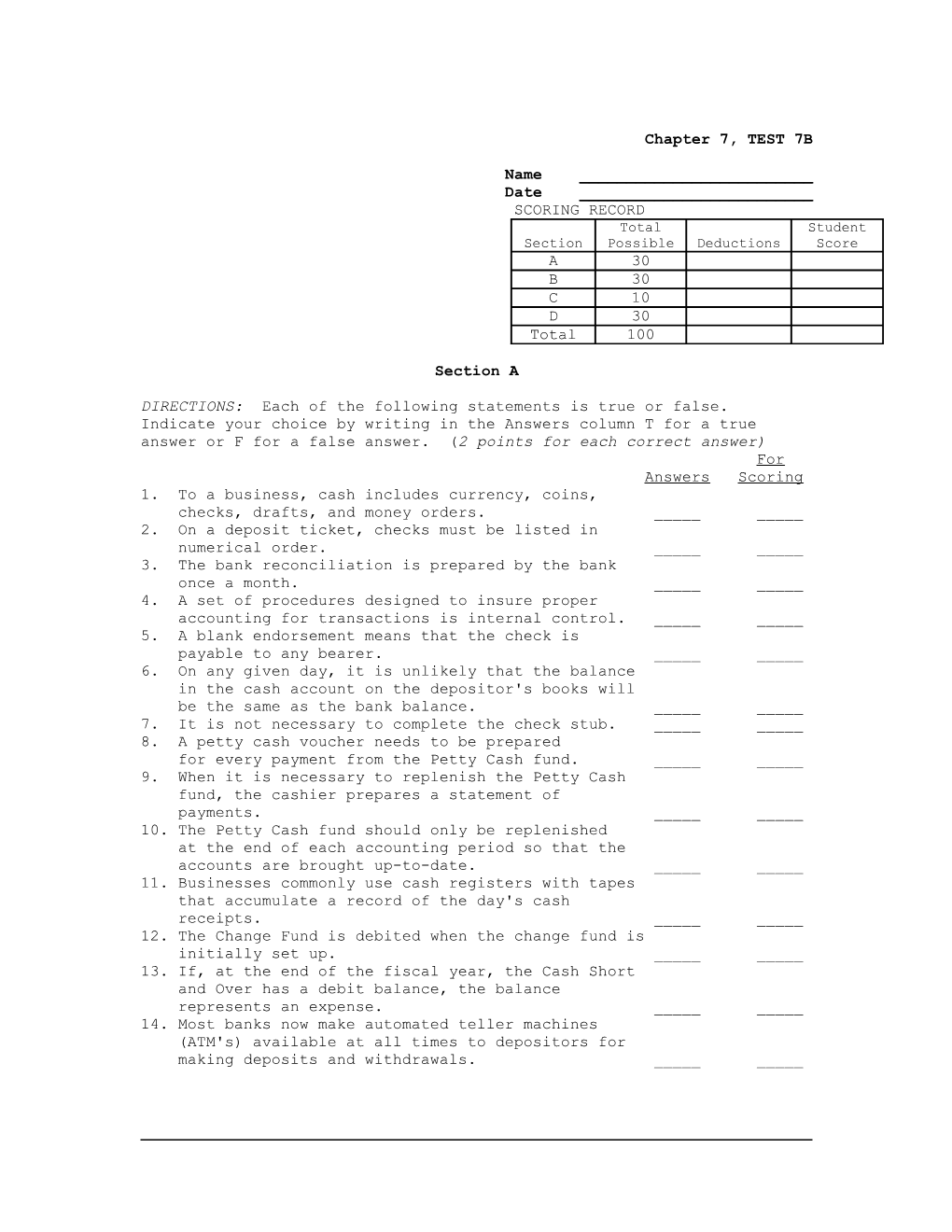 Chapter 7, TEST 7B