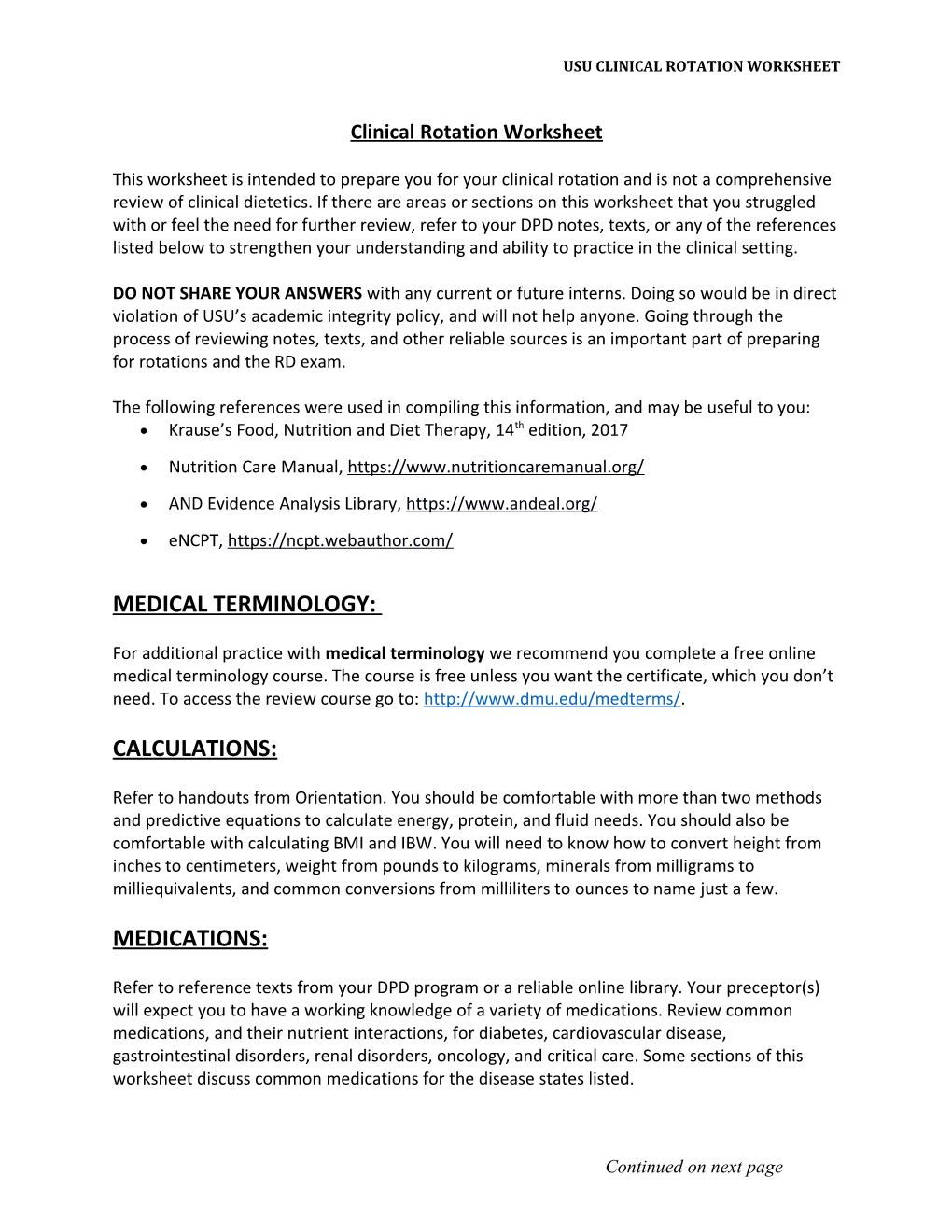 Level 1 Clinical Rotation Worksheet