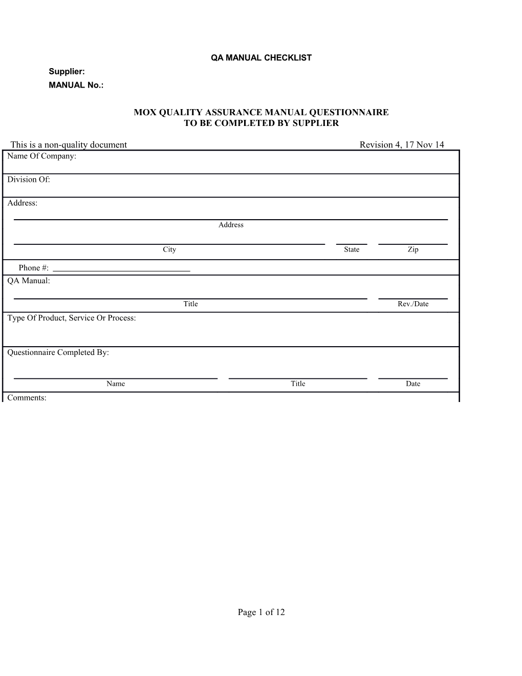 Mox Quality Assurance Manual Questionnaire