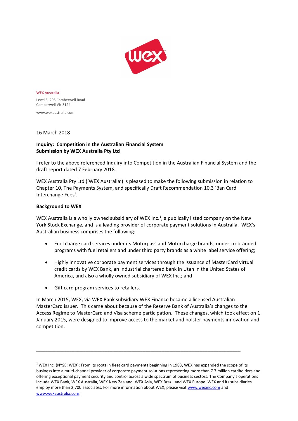 Submission DR60 - WEX Australia Pty Ltd - Competition in the Australian Financial System