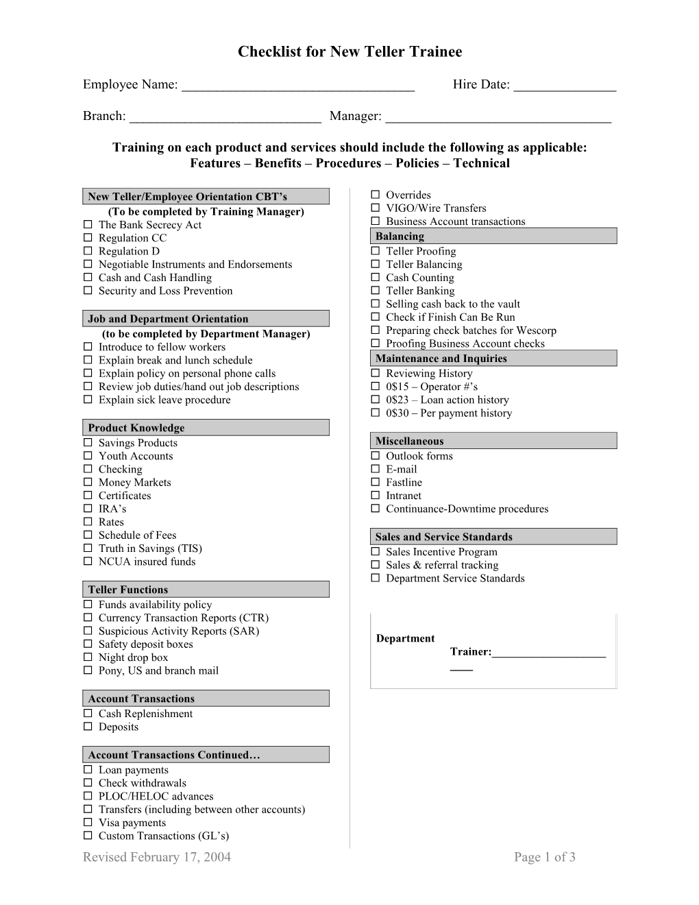 Checklist for New Teller Trainee