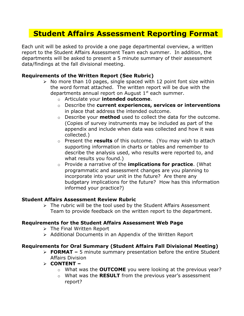 Student Affairs Assessment Reporting Format