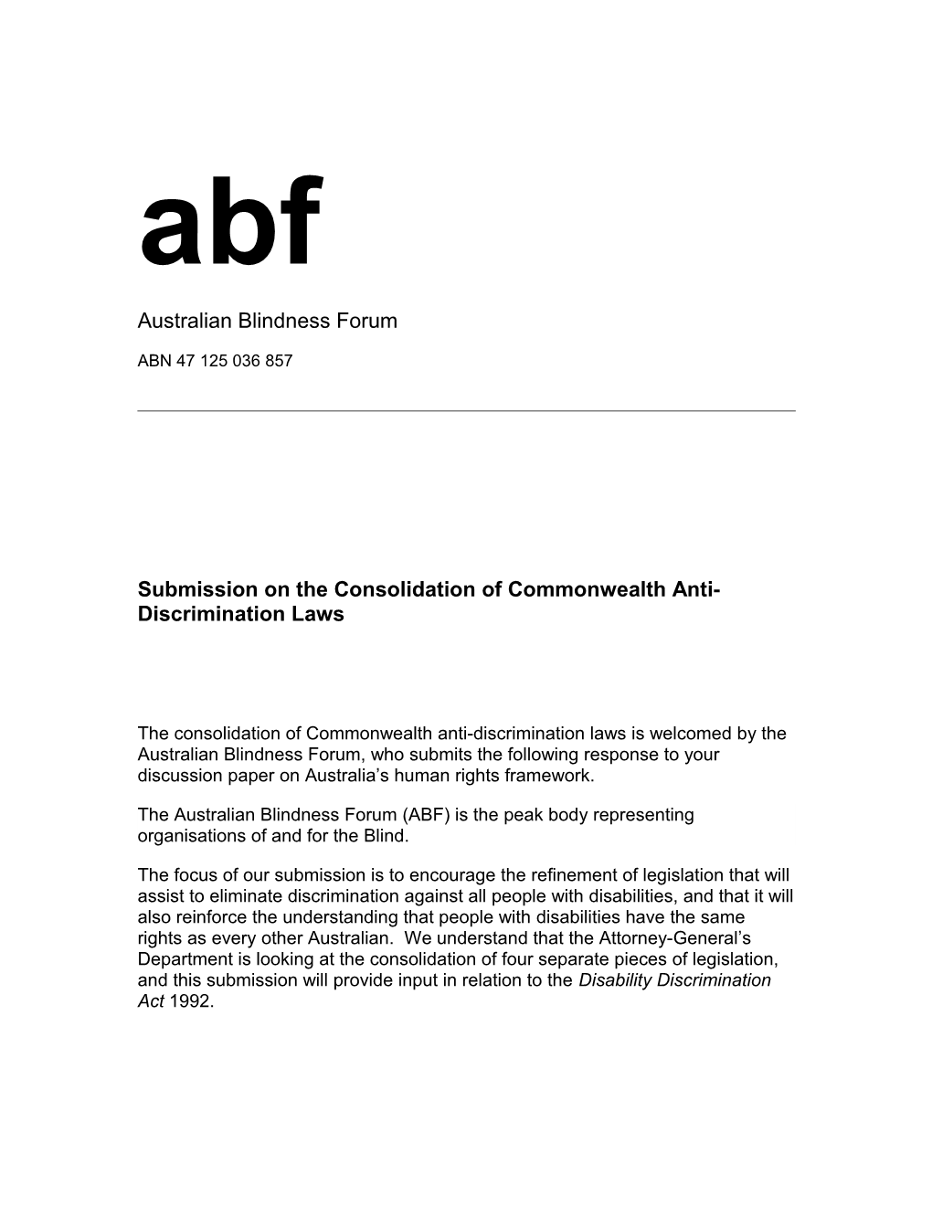 Submission on the Consolidation of Commonwealth Anti-Discrimination Lawsaustralian Blindness