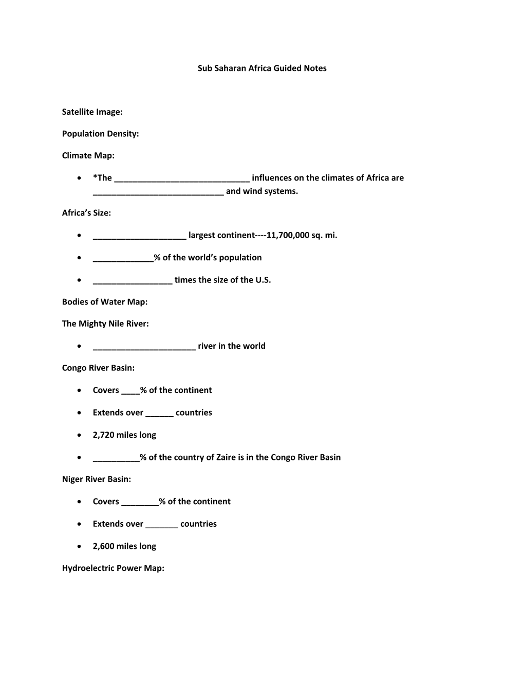 Sub Saharan Africa Guided Notes