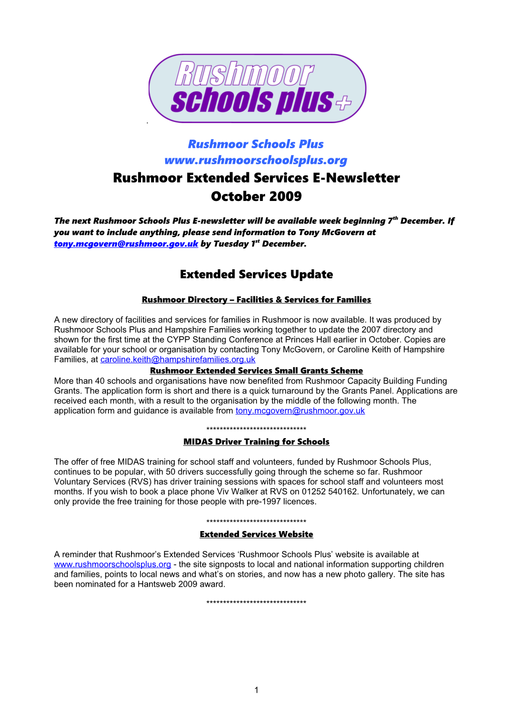 Rushmoor Extended Services E-Newsletter