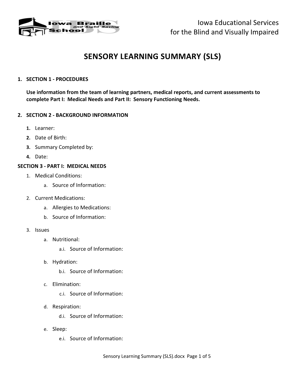 Sensory Learning Summary (Sls)