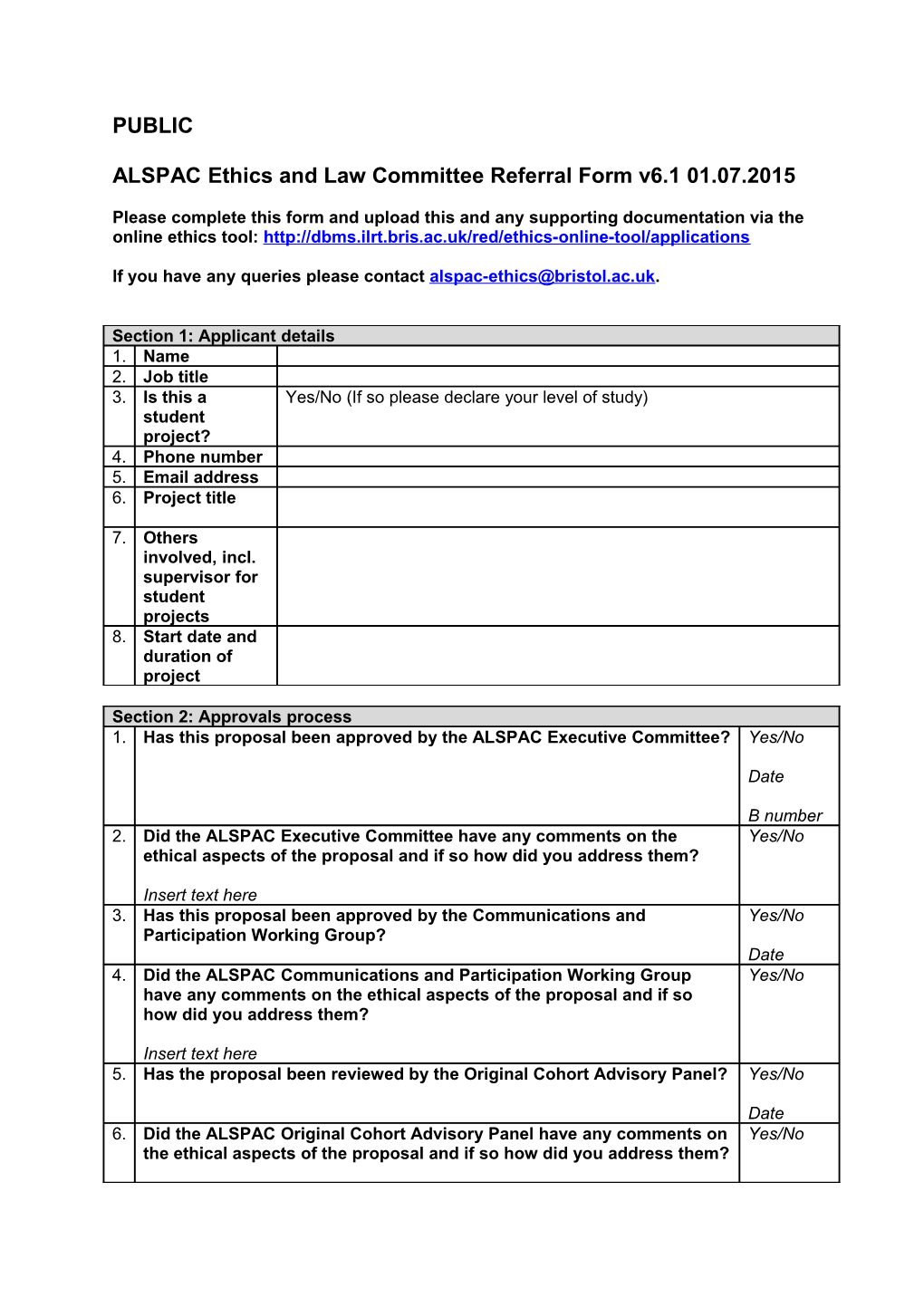 ALSPAC Ethics and Law Committee Referral Form V6.1 01.07.2015