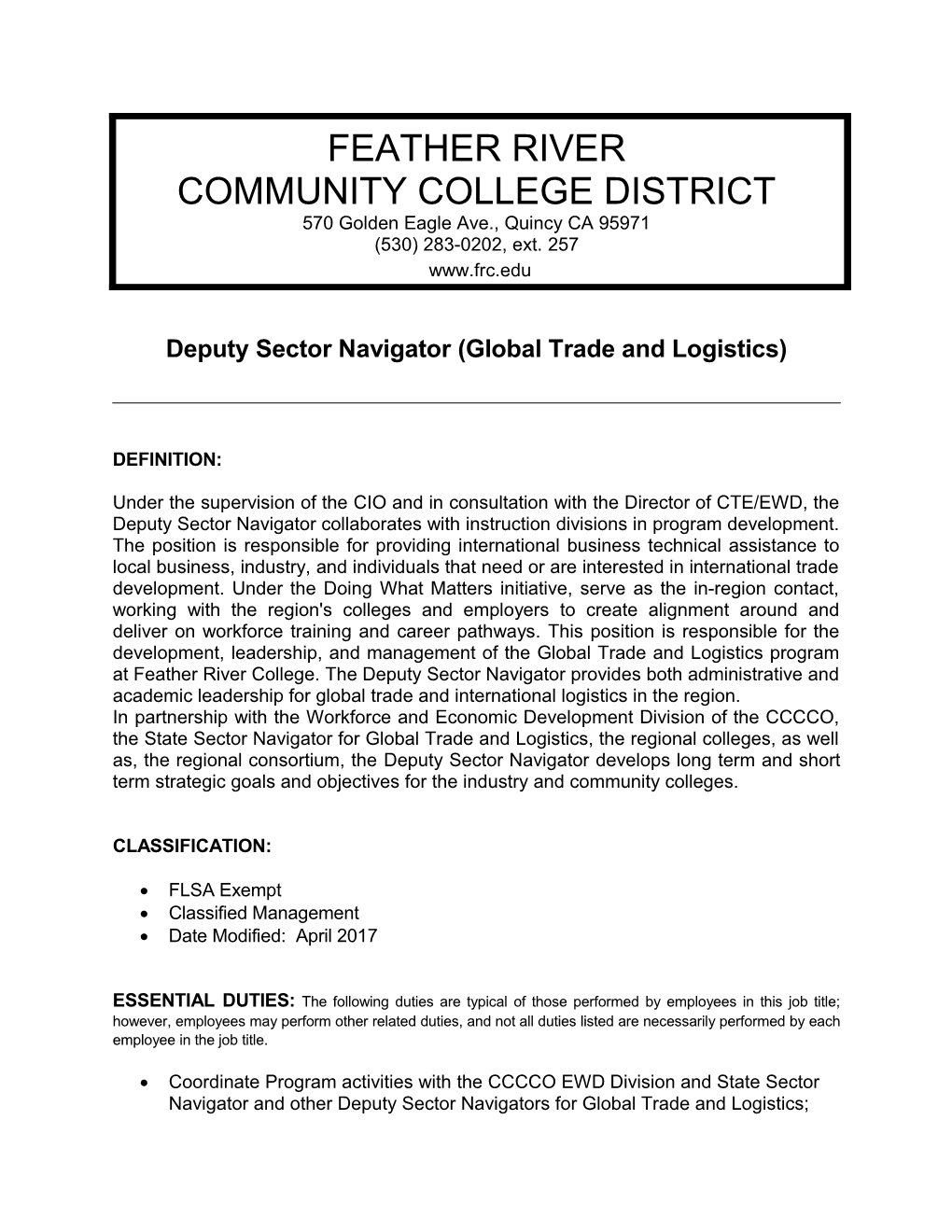 Deputy Sector Navigator (Global Trade and Logistics)
