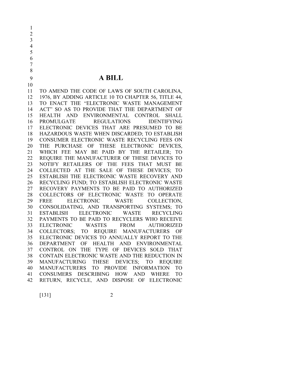 2009-2010 Bill 131: Electronic Waste Management Act - South Carolina Legislature Online