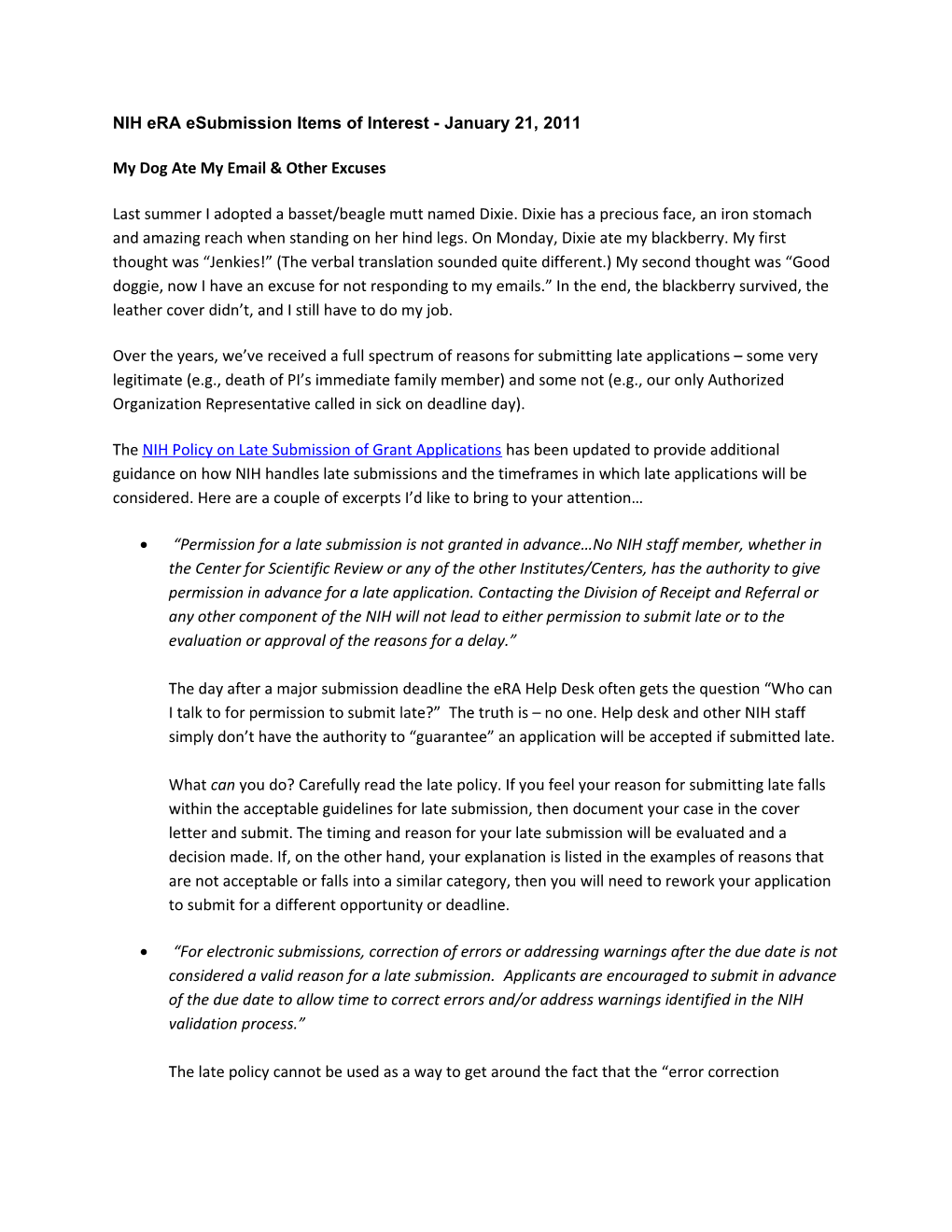 NIH Era Esubmission Items of Interest - January 21, 2011