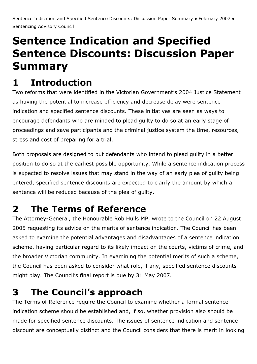 Sentence Indication and Specified Sentence Discounts: Discussion Paper Summary