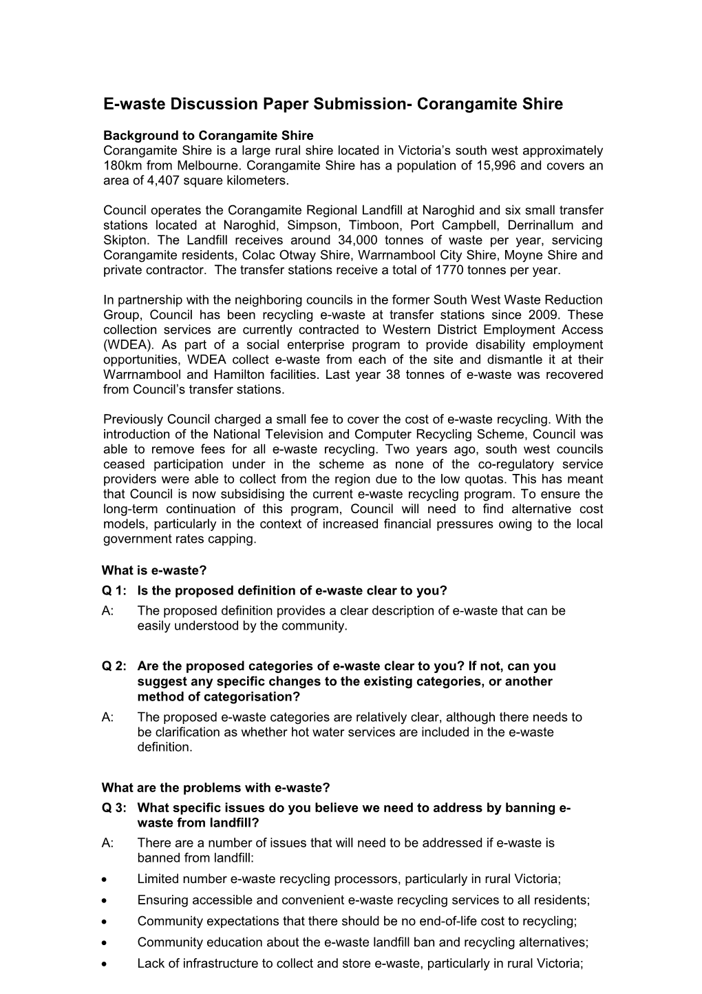 E-Waste Discussion Paper Submission- Corangamite Shire