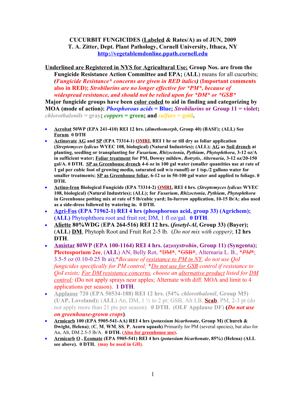 CUCURBIT FUNGICIDES (Labeled & Rates/A) As of JUN, 2009