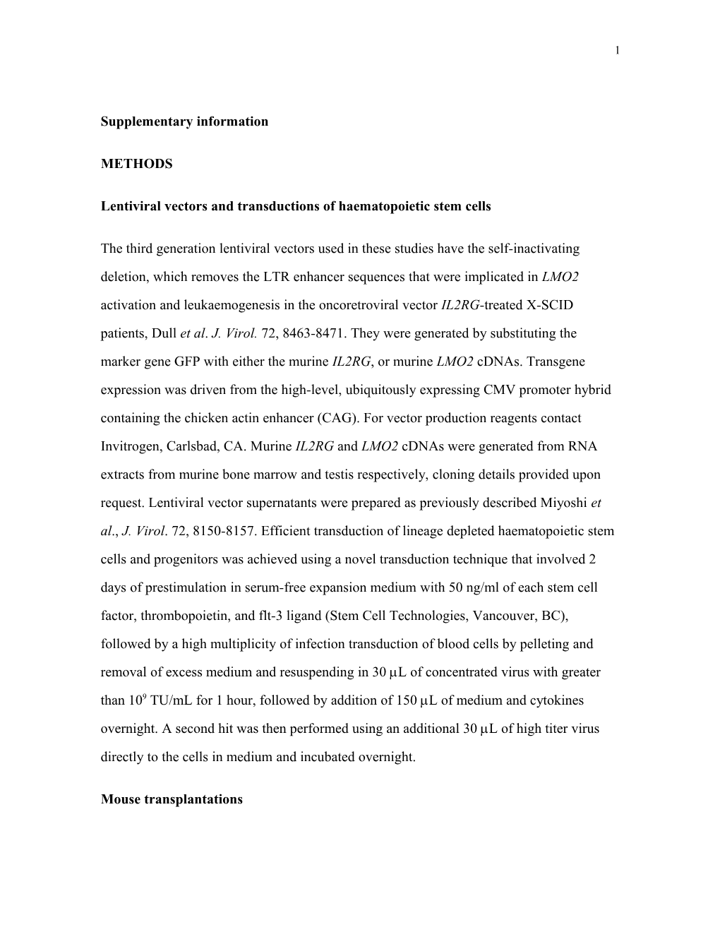 Lentiviral Vectors and Transductions of Haematopoietic Stem Cells