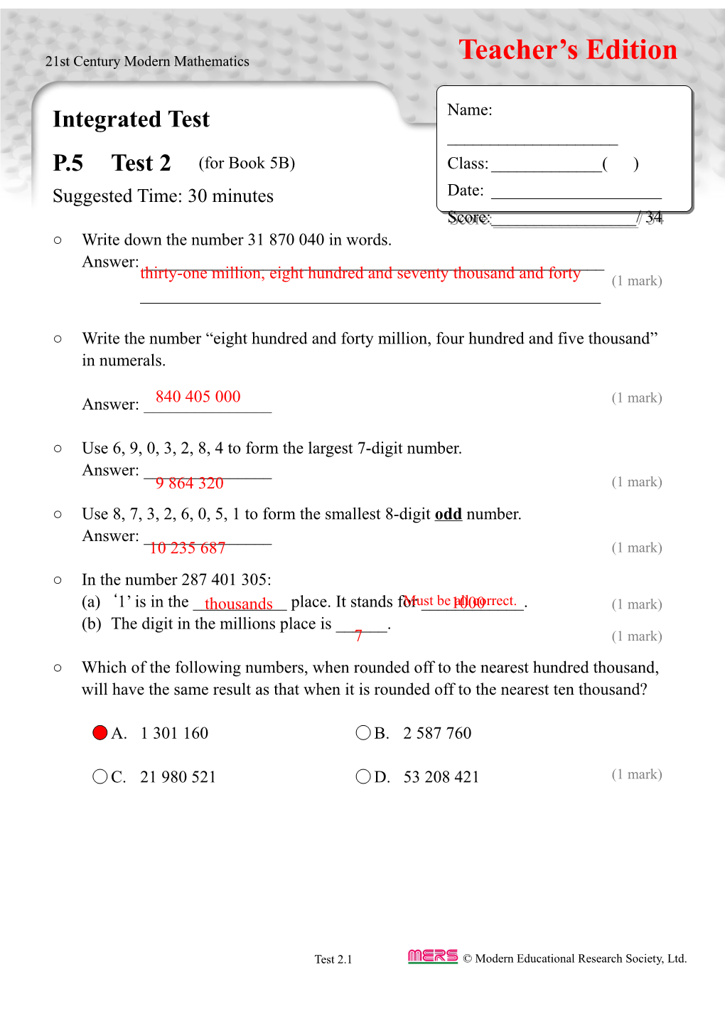 Integrated Test in TSA Format P.5 Test 2 Teacher's Edition
